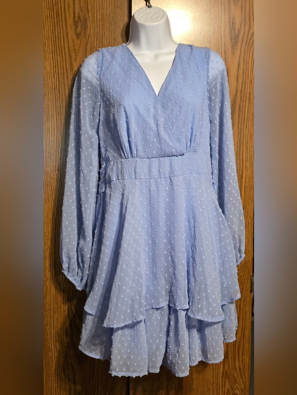 Japna Powder Blue Swiss Dot Wrap Mini Dress